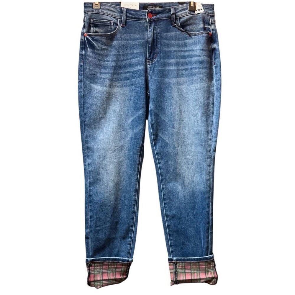 Judy Blue Buffalo Plaid Cuff Straight Leg Jeans Mid Rise Size 13/31 NWT - Picture 11 of 16